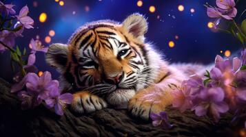 mignonne tigre en train de dormir pacifiquement sur fleurs jardin génératif ai photo