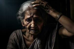 un vieux femme Souffrance avec mal de crâne génératif ai photo
