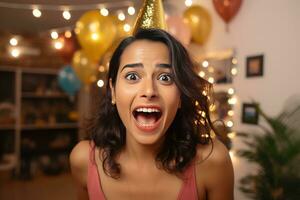 Indien femme avec choquant visage dans anniversaire fête génératif ai photo