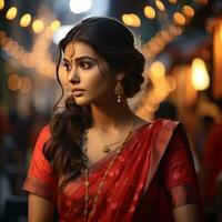 fermer de Jeune fille portant rouge Kerala soie sari génératif ai photo