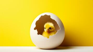 une Jaune poussin dans fissuré Oeuf sur Jaune Contexte génératif ai photo