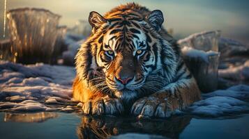 dangereux tigre pose sur la glace sol dans Antarctique génératif ai photo