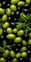Contexte de vert et noir Olives génératif ai photo