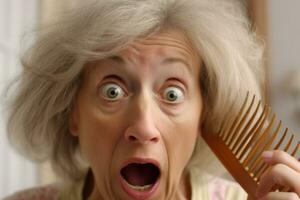 choquant visage de un vieux femme peigne sa cheveux génératif ai photo