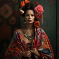 une femme habillé en haut avec fleurs et coloré tissu génératif ai photo