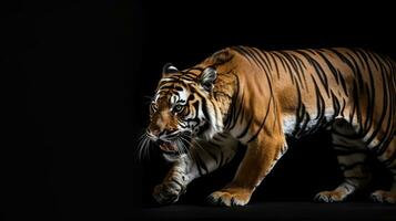 une sauvage tigre en marchant sur noir Contexte génératif ai photo