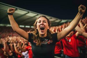 une Football Supporter femme applaudissement génératif ai photo