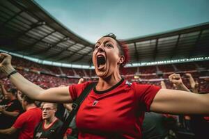 une Football Supporter femme applaudissement dans stade génératif ai photo