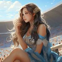 une dessin animé anime fille est assis dans une stade émouvant sa cheveux génératif ai photo