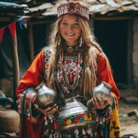 une cachemiri attrayant fille en portant vaisselle génératif ai photo