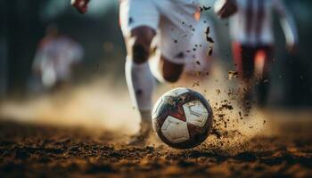 football Balle a donné un coup de pied par football joueur sur boueux zone génératif ai photo