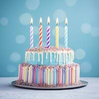 une anniversaire gâteau avec coloré brûlé bougie génératif ai photo