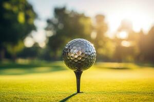 fermer de une le golf Balle sur une parfait le golf cours génératif ai photo