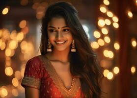 Jeune Indien femme prêt fot diwali sur bokeh Contexte génératif ai photo