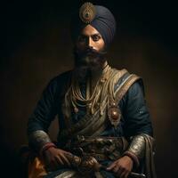 portrait de Royal sikh homme sur foncé Contexte génératif ai photo