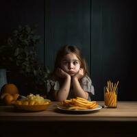 peu fille dérangé séance à le table avec français frites et des fruits génératif ai photo
