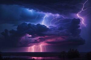 orage ciel, orage arrière-plan, orage fond d'écran, orageux ciel arrière-plan, orage des nuages, néon orage ciel, ai génératif photo