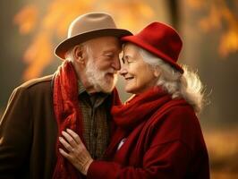 aimant vieux couple est profiter une romantique l'automne journée ai génératif photo