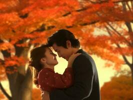 aimant asiatique couple est profiter une romantique l'automne journée ai génératif photo