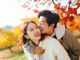 aimant asiatique couple est profiter une romantique l'automne journée ai génératif photo