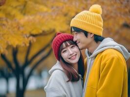 aimant asiatique couple est profiter une romantique l'automne journée ai génératif photo