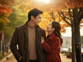 aimant asiatique couple est profiter une romantique l'automne journée ai génératif photo