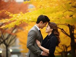 aimant asiatique couple est profiter une romantique l'automne journée ai génératif photo