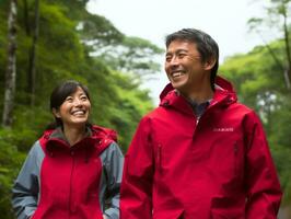 aimant asiatique couple est profiter une romantique l'automne journée ai génératif photo