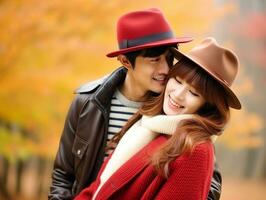 aimant asiatique couple est profiter une romantique l'automne journée ai génératif photo