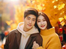 aimant asiatique couple est profiter une romantique l'automne journée ai génératif photo