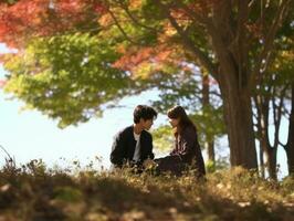 aimant asiatique couple est profiter une romantique l'automne journée ai génératif photo