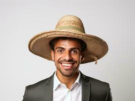 mexicain homme dans émotif pose sur blanc Contexte ai génératif photo