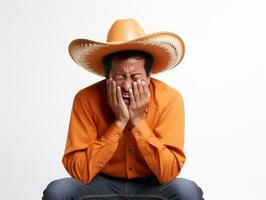 mexicain homme dans émotif pose sur blanc Contexte ai génératif photo