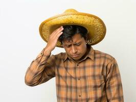 mexicain homme dans émotif pose sur blanc Contexte ai génératif photo