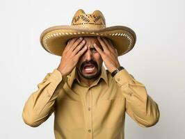 mexicain homme dans émotif pose sur blanc Contexte ai génératif photo