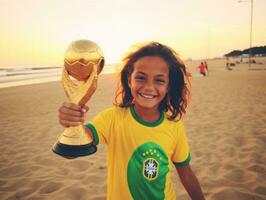 brésilien enfant fête le sien football équipes la victoire ai génératif photo