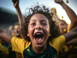 brésilien enfant fête le sien football équipes la victoire ai génératif photo