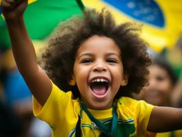 brésilien enfant fête le sien football équipes la victoire ai génératif photo