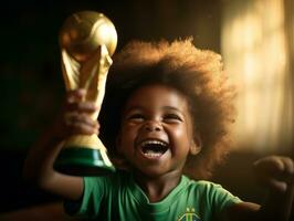 brésilien enfant fête le sien football équipes la victoire ai génératif photo