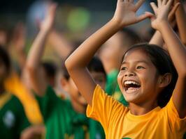 brésilien enfant fête le sien football équipes la victoire ai génératif photo