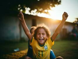 brésilien enfant fête le sien football équipes la victoire ai génératif photo