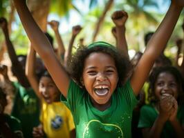 brésilien enfant fête le sien football équipes la victoire ai génératif photo