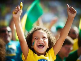 brésilien enfant fête le sien football équipes la victoire ai génératif photo