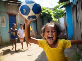 brésilien enfant fête le sien football équipes la victoire ai génératif photo