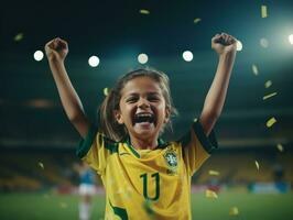 brésilien enfant fête le sien football équipes la victoire ai génératif photo