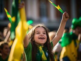 brésilien enfant fête le sien football équipes la victoire ai génératif photo