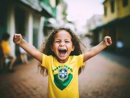 brésilien enfant fête le sien football équipes la victoire ai génératif photo