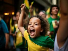 brésilien enfant fête le sien football équipes la victoire ai génératif photo