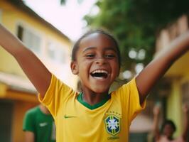 brésilien enfant fête le sien football équipes la victoire ai génératif photo