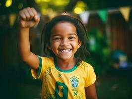 brésilien enfant fête le sien football équipes la victoire ai génératif photo